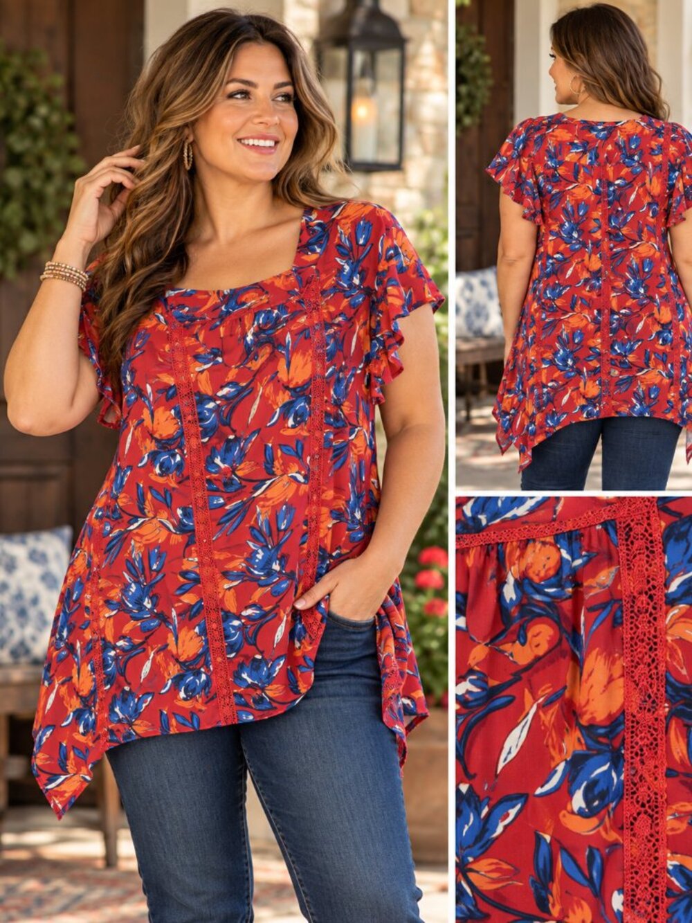 Pioneer Woman Floral Tunic Top XL Red Blue Crochet Lace Sharkbite Hem Boho